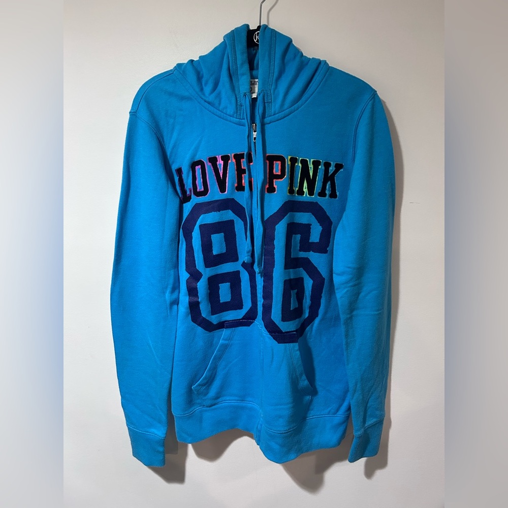 PINK Victoria's Secret Blue Hoodie with Multicolor Print